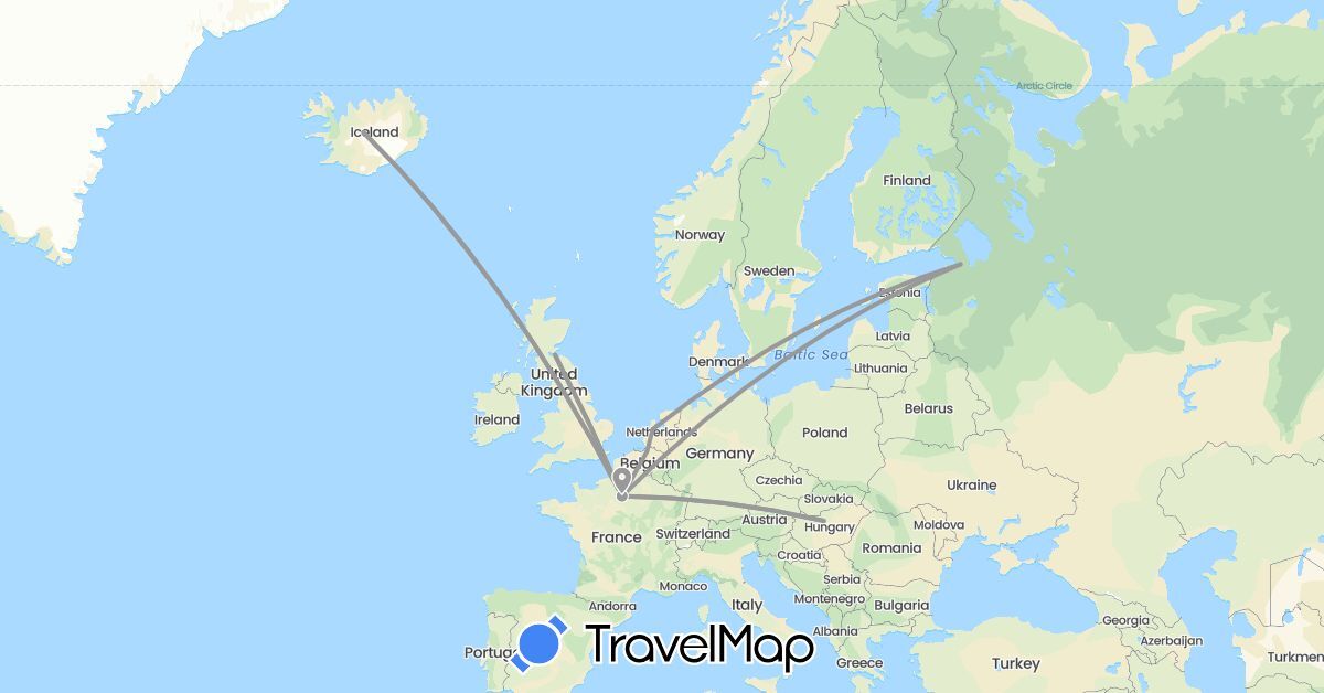 TravelMap itinerary: driving, plane in Belgium, France, United Kingdom, Hungary, Iceland, Netherlands, Russia (Europe)